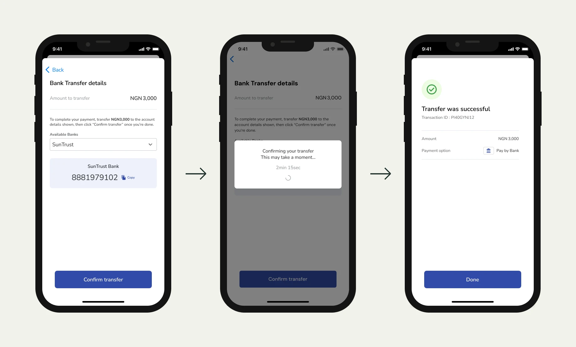 Three mobile screens: bank transfer details with the account number to pay into, a Confirming your transfer message with a countdown timer, and a Transfer was successful confirmation.