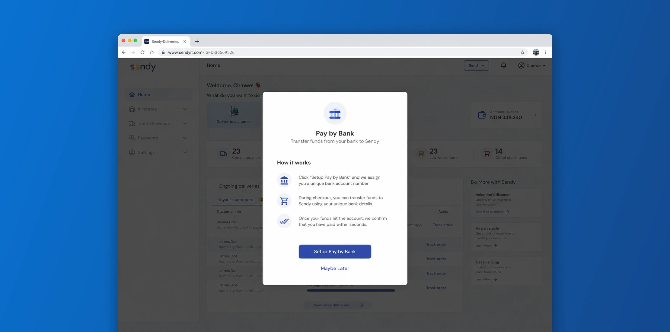 Sendy web dashboard with a Pay by Bank dialog explaining how it works in three steps: get a unique bank account number, transfer funds at checkout, and receive confirmation within seconds.