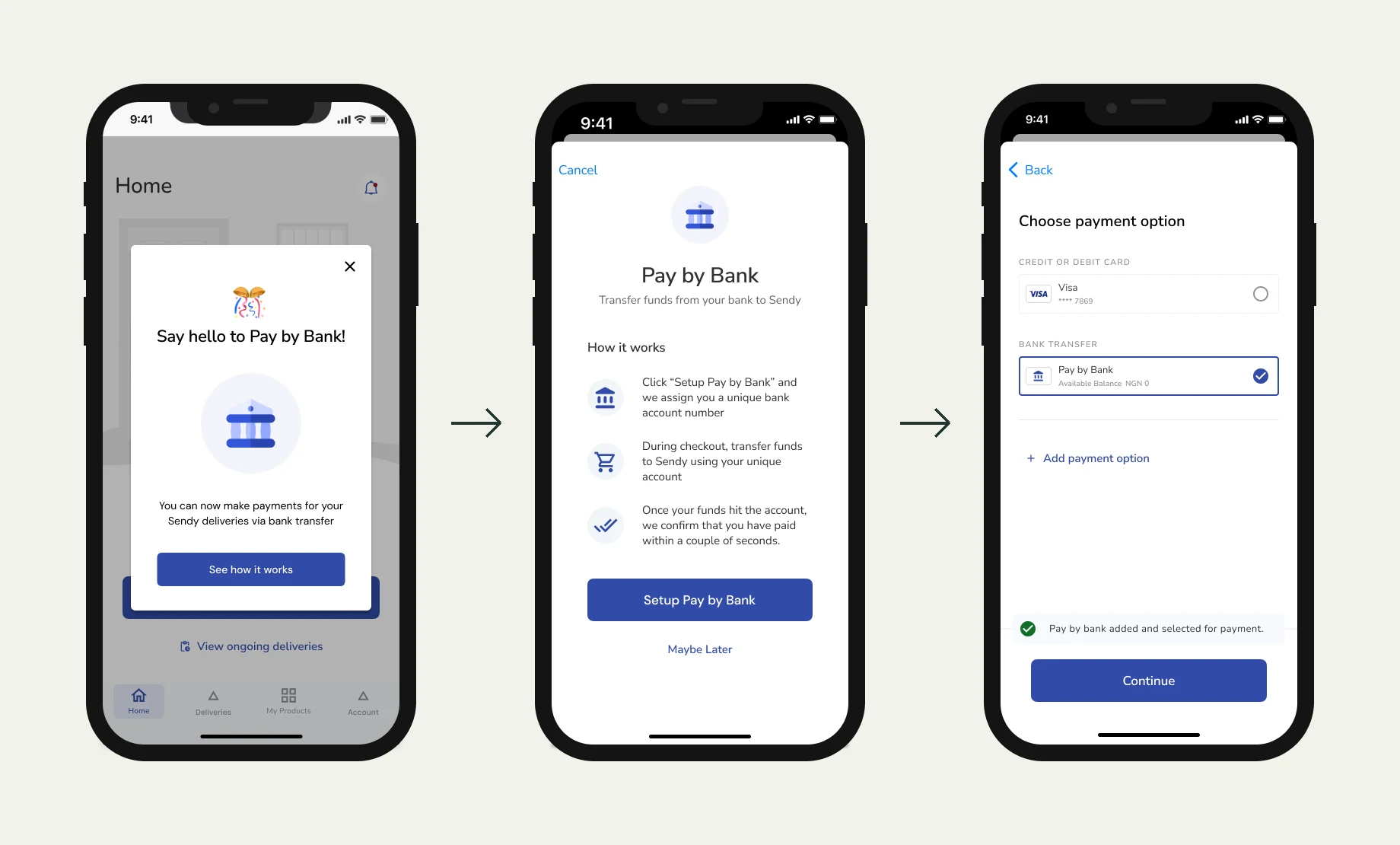 Three mobile screens: an announcement introducing Pay by Bank, a How it works screen explaining the unique bank account, and the payment options list with Pay by Bank added and selected.