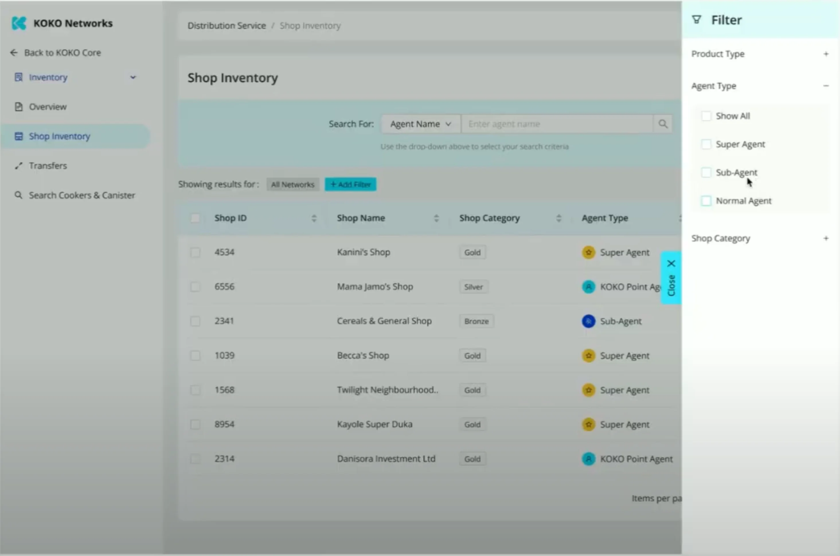 A prototype of the Shop Inventory screen during a usability test, with the filter panel open on agent type.