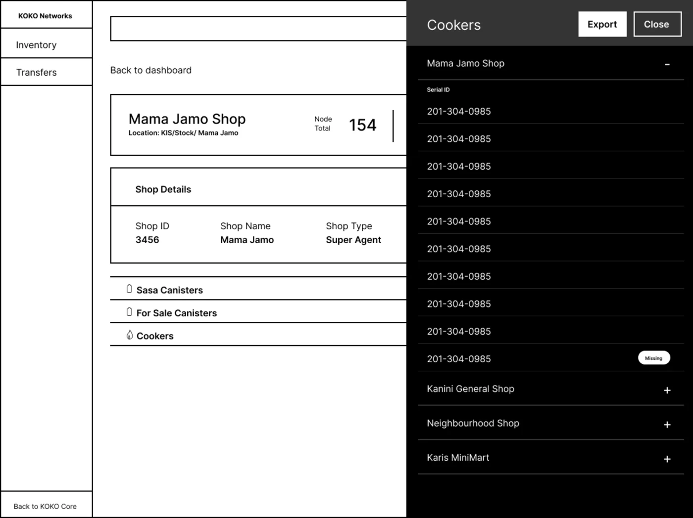 Wireframe of a single shop's page with its node total and shop details, and a side panel listing cooker serial numbers with one marked as missing.