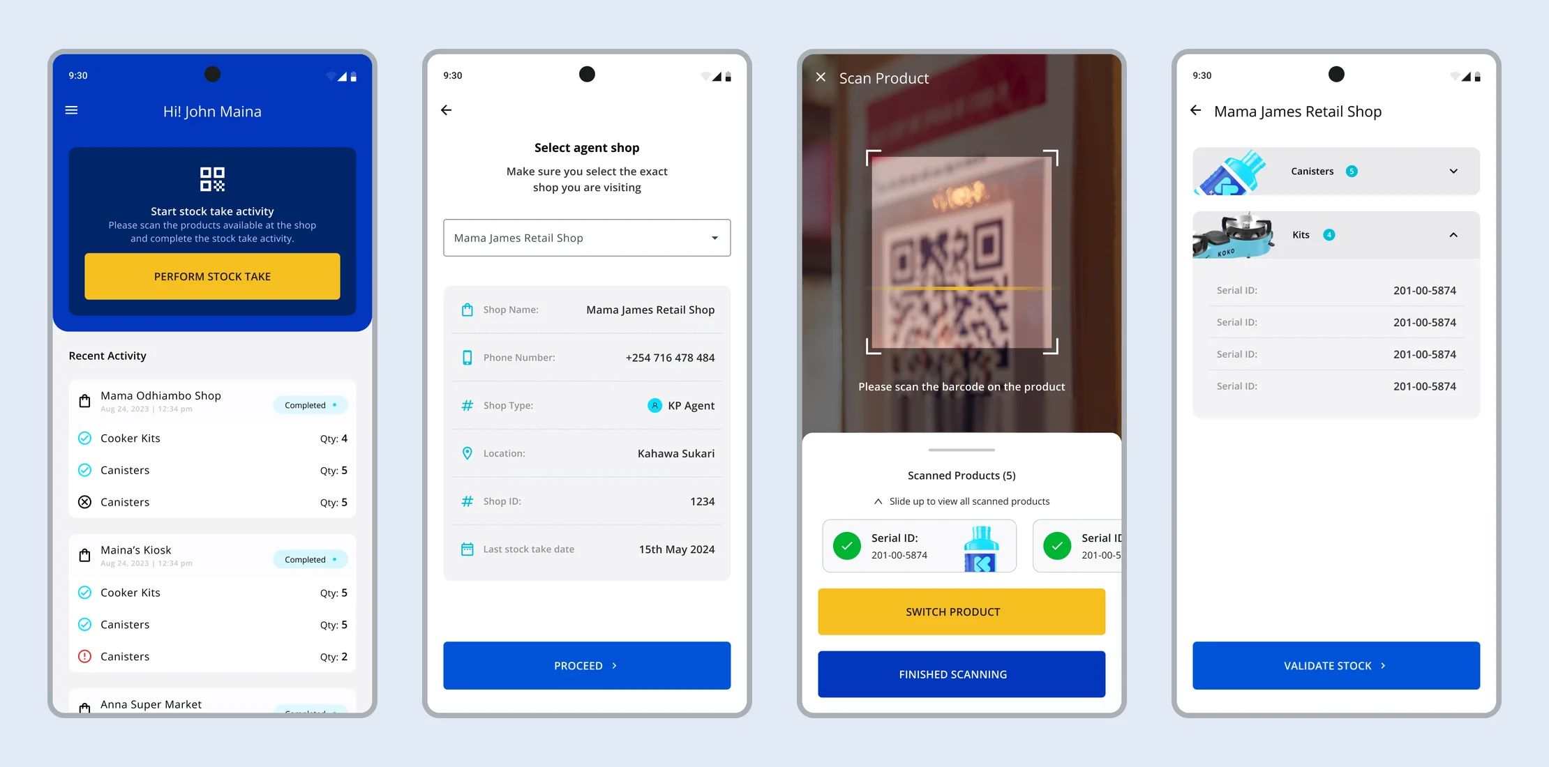 Four Android screens from the stock take app: the home screen with recent stock takes, shop selection with shop details, the barcode scanner with scanned items, and a shop summary ready to validate.