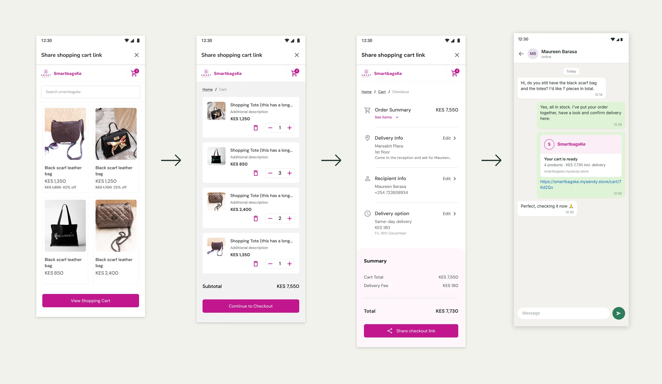 Four mobile screens: a storefront catalogue of handbags, a shopping cart with four items, a checkout summary with a Share checkout link button, and a chat conversation in which the seller sends the cart link to a customer.