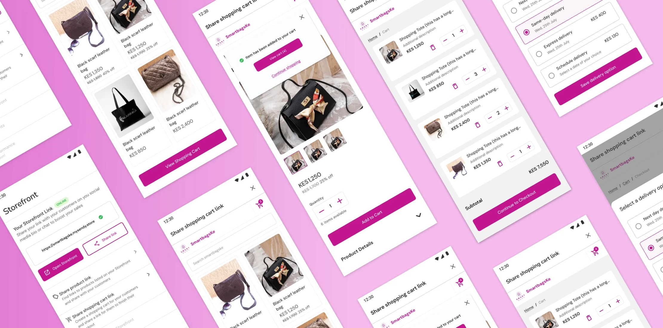 Collage of Seller Storefront mobile screens: the seller's storefront link, a product catalogue of handbags, a shopping cart, delivery options and checkout.