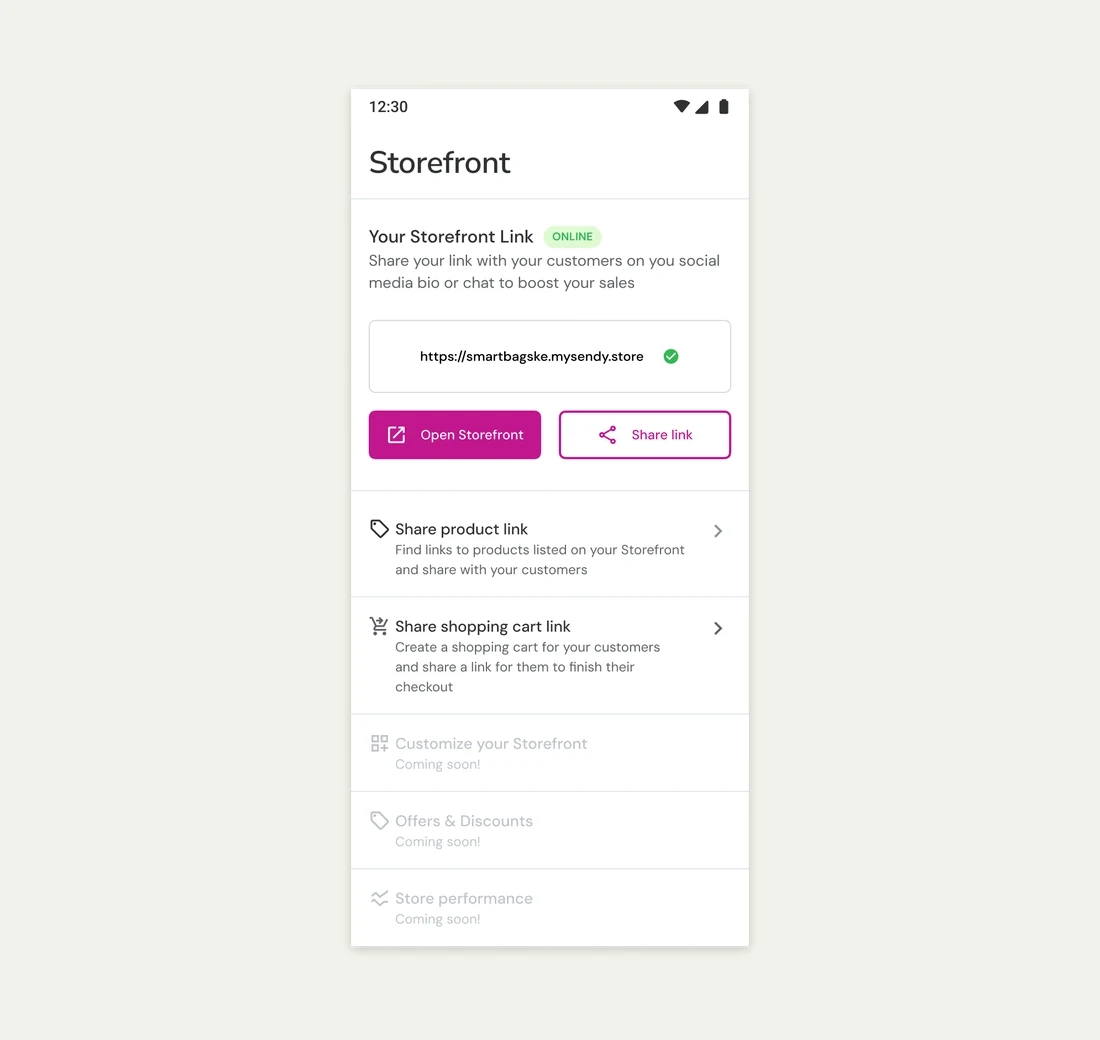 The Storefront tab in the seller app: a live storefront link with Open and Share buttons, options to share a product link or a shopping cart link, and customisation, offers and store performance marked as coming soon.