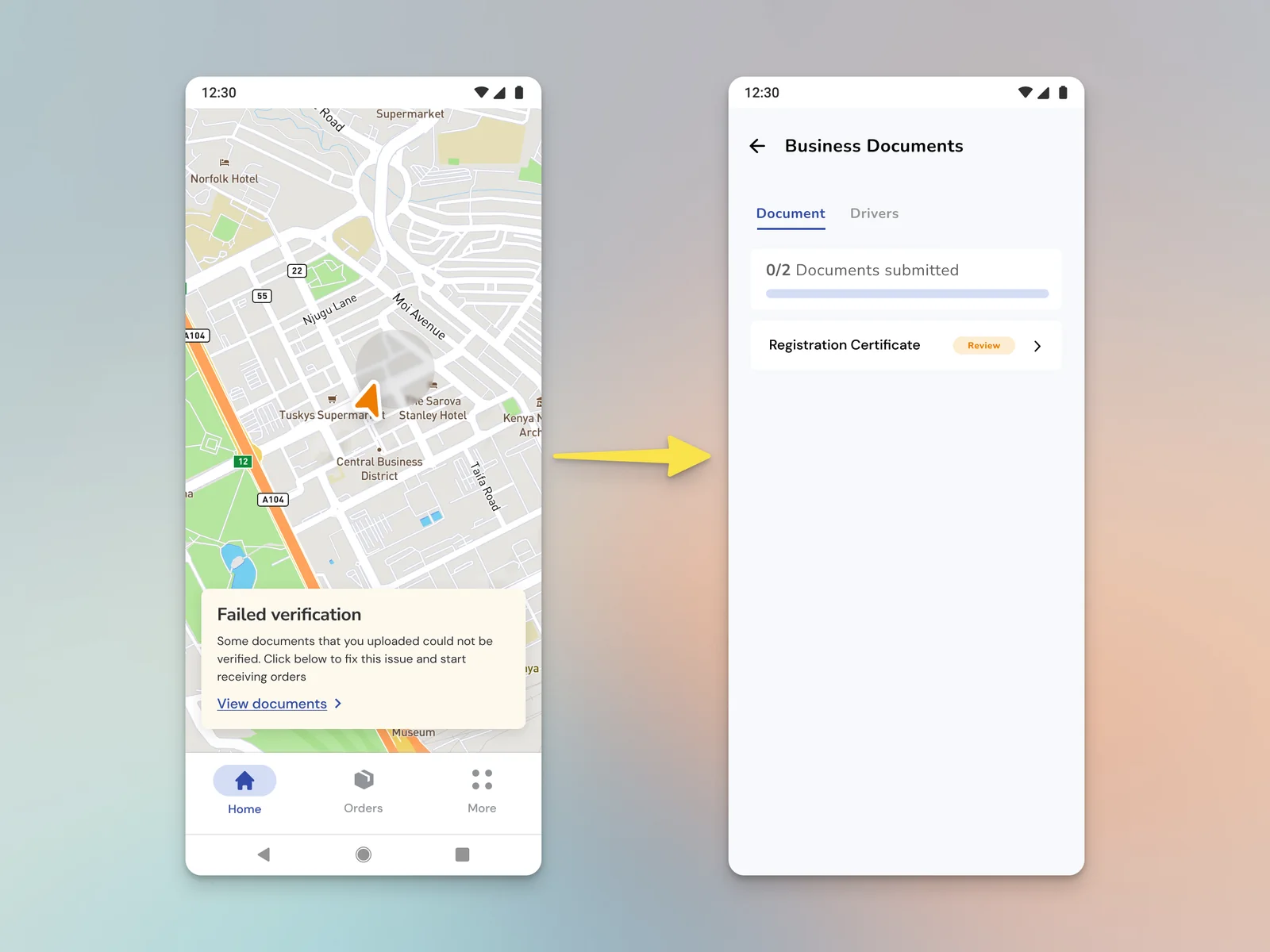 Two mobile screens: a failed verification notice on the partner app's home map, leading to a documents list with the registration certificate flagged for review.