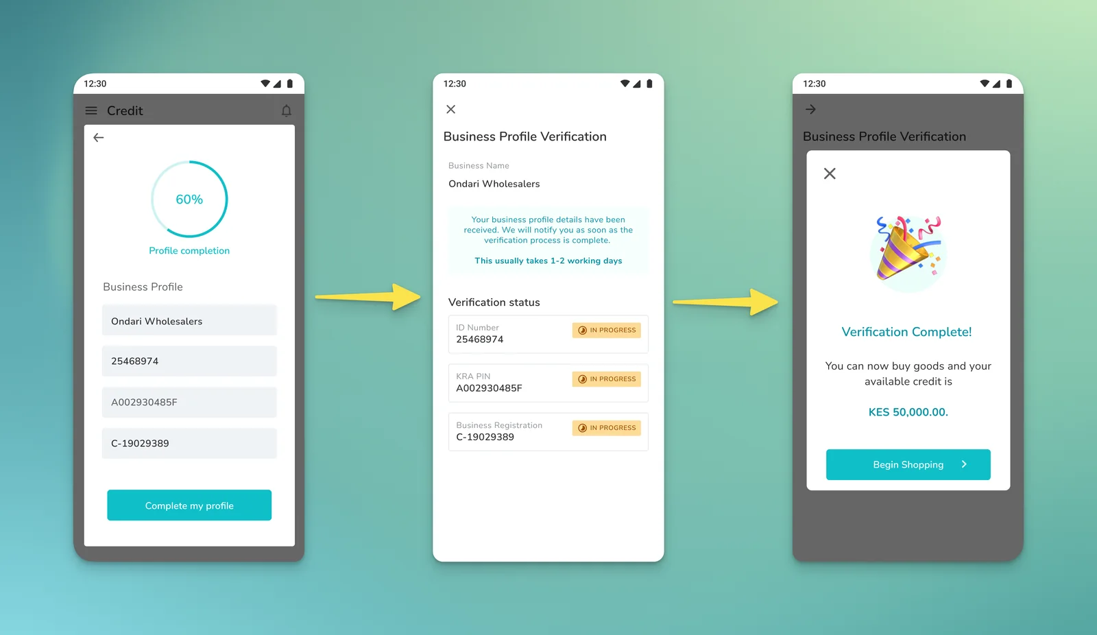 Three mobile screens: a business profile at 60% completion, verification checks in progress, and a confirmation showing KES 50,000 available credit.
