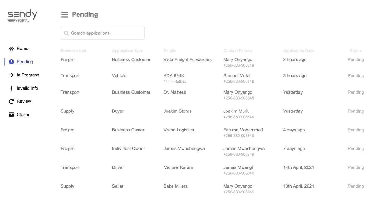 Wireframe of the same screen: the status menu on the left and a table of pending applications showing business unit, application type, contact person and date.